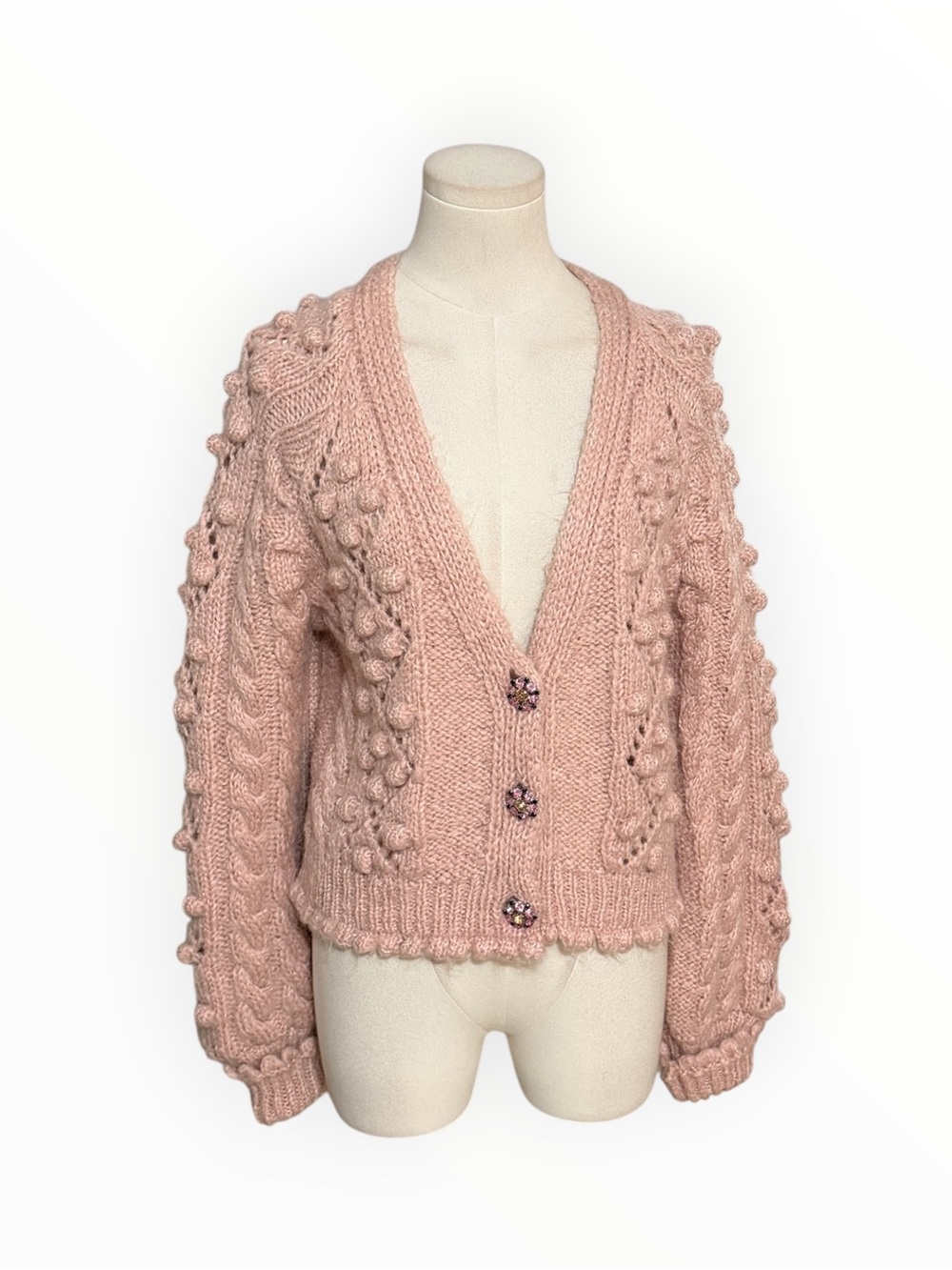 ZARA Jeweled Button Knit Cardigan Sweater Pink Alpaca Wool S Boho Preppy Soft - Picture 10 of 16